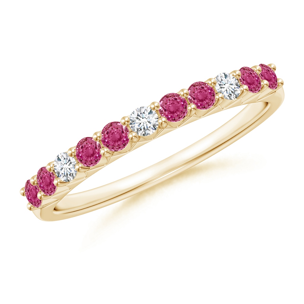2mm AAAA Round Pink Sapphire and Diamond Half Eternity Ring in Yellow Gold