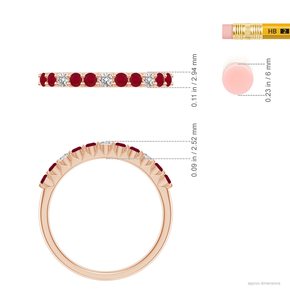 2mm AA Round Ruby and Diamond Half Eternity Wedding Ring in Rose Gold ruler