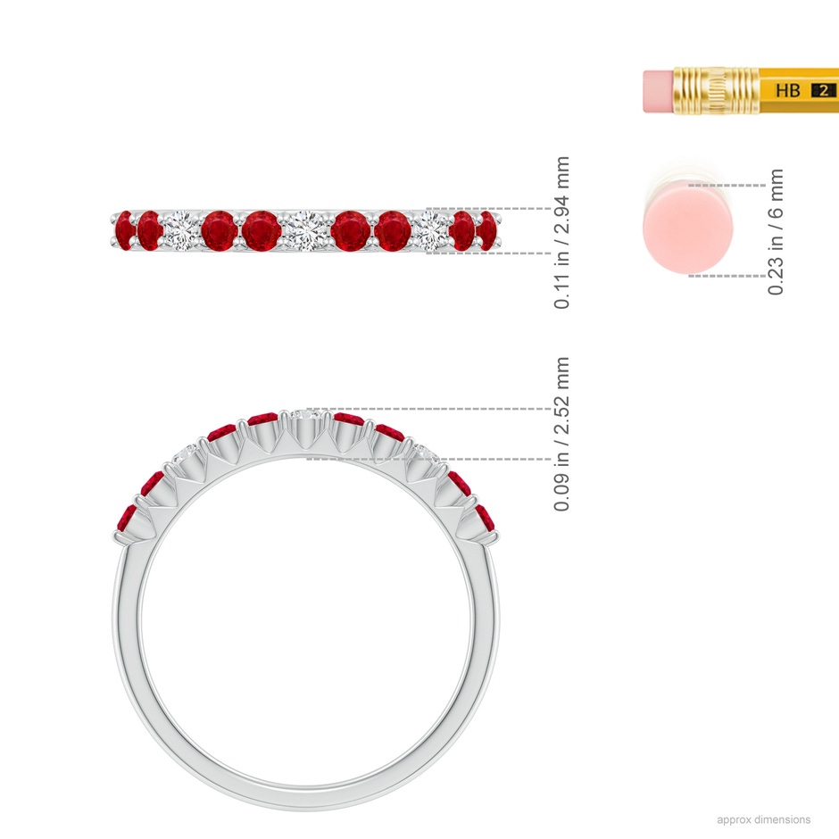 2mm AAA Round Ruby and Diamond Half Eternity Wedding Ring in White Gold ruler
