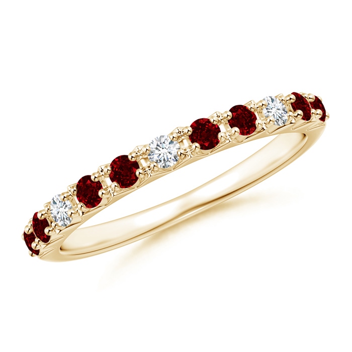 2mm AAAA Round Ruby and Diamond Half Eternity Wedding Ring in 9K Yellow Gold
