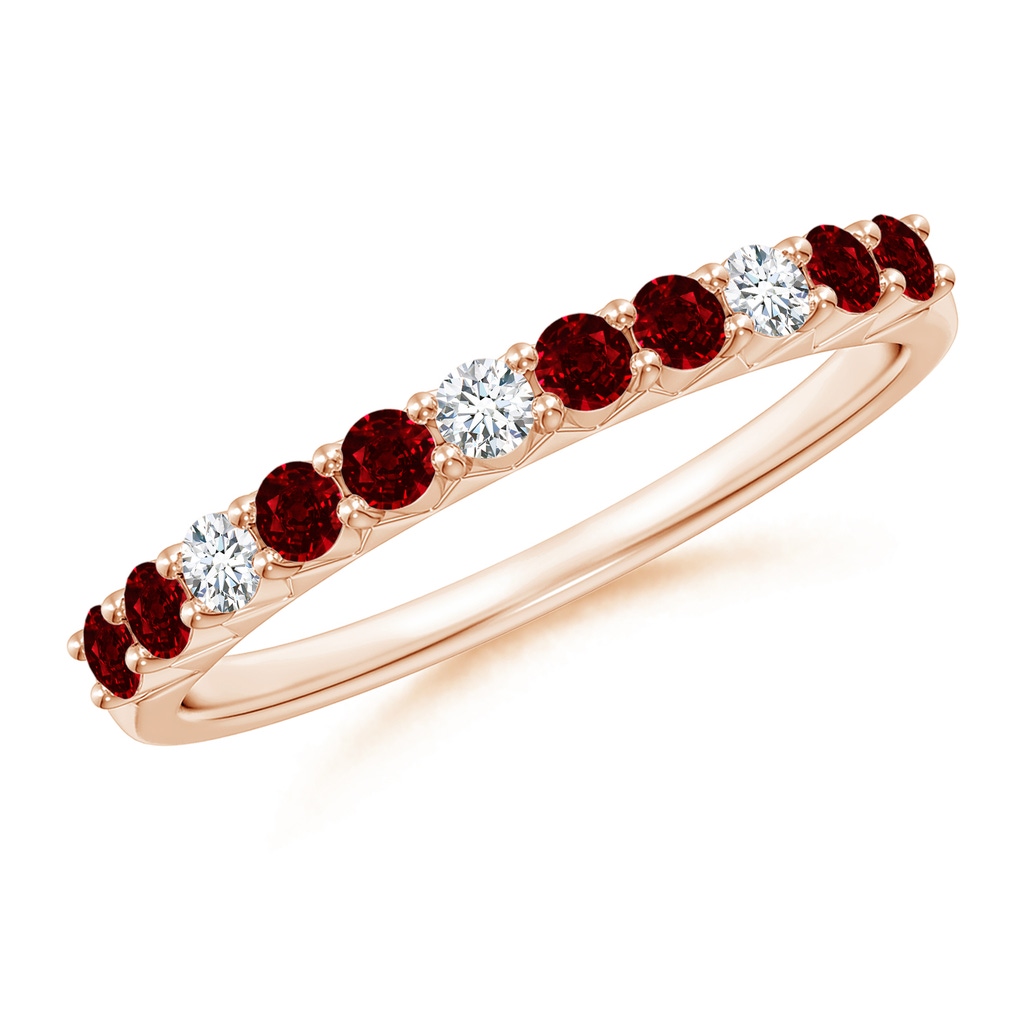 2mm AAAA Round Ruby and Diamond Half Eternity Wedding Ring in Rose Gold