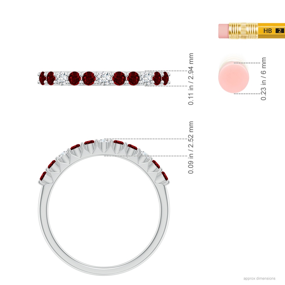 2mm AAAA Round Ruby and Diamond Half Eternity Wedding Ring in White Gold ruler