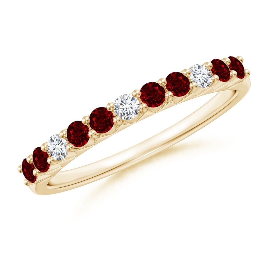 2mm AAAA Round Ruby and Diamond Half Eternity Wedding Ring in Yellow Gold 