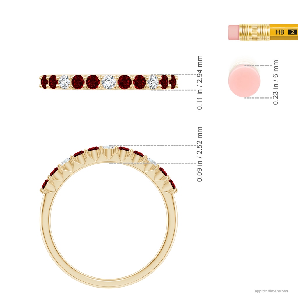 2mm AAAA Round Ruby and Diamond Half Eternity Wedding Ring in Yellow Gold Ruler