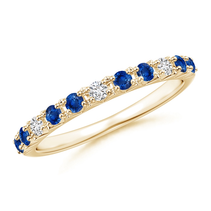 2mm AAA Round Blue Sapphire and Diamond Half Eternity Ring in 9K Yellow Gold 