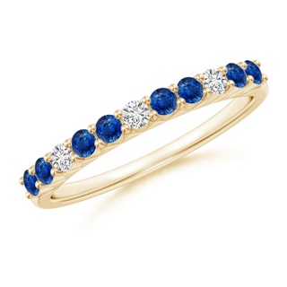 2mm AAA Round Blue Sapphire and Diamond Half Eternity Ring in Yellow Gold