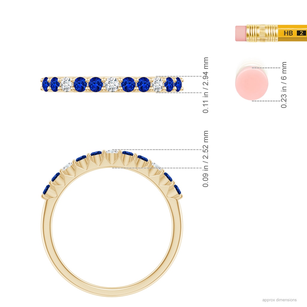 2mm AAAA Round Blue Sapphire and Diamond Half Eternity Ring in Yellow Gold Ruler