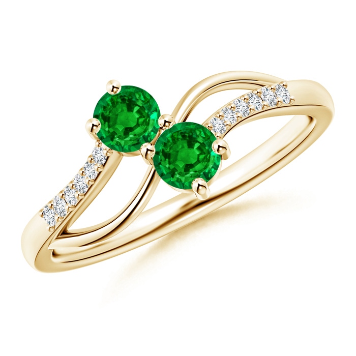 3.7mm AAAA Classic Two Stone Emerald Bypass Split Shank Ring in Yellow Gold