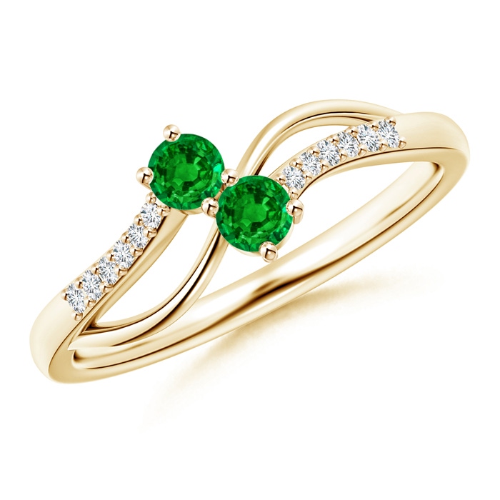 3mm AAAA Classic Two Stone Emerald Bypass Split Shank Ring in Yellow Gold 
