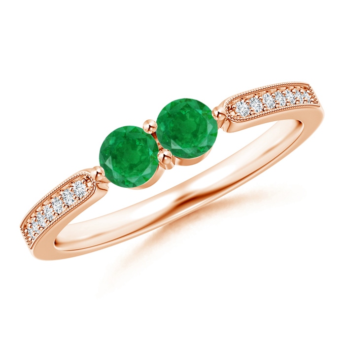 3.7mm AA Vintage Inspired Two Stone Emerald Ring with Diamonds in Rose Gold 
