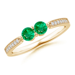 3.7mm AAA Vintage Inspired Two Stone Emerald Ring with Diamonds in Yellow Gold
