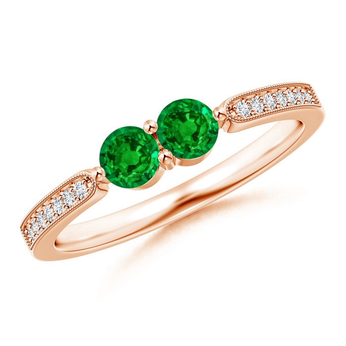3.7mm AAAA Vintage Inspired Two Stone Emerald Ring with Diamonds in Rose Gold 