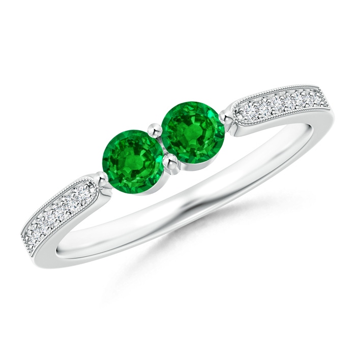 3.7mm AAAA Vintage Inspired Two Stone Emerald Ring with Diamonds in White Gold