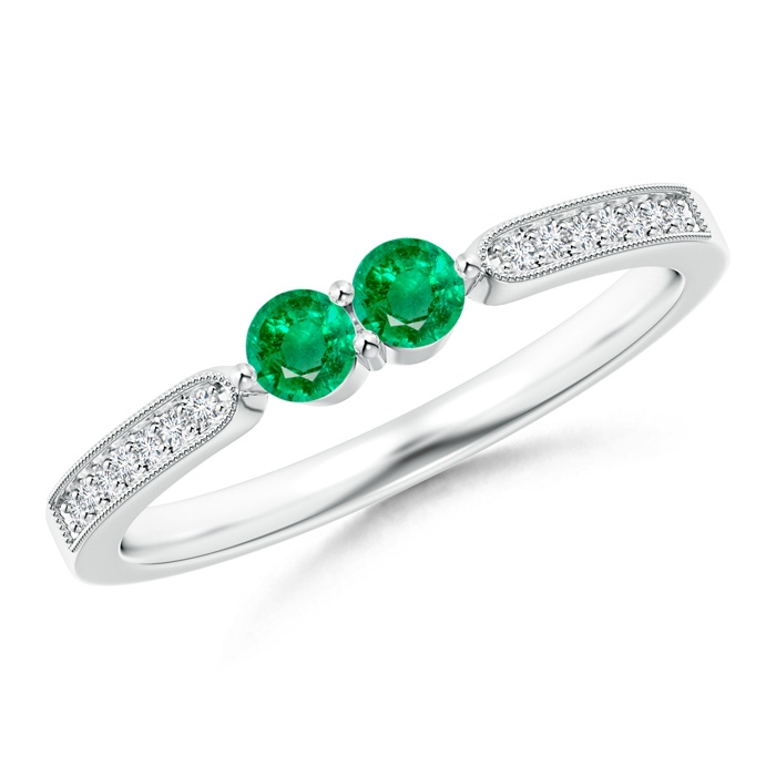 3mm AAA Vintage Inspired Two Stone Emerald Ring with Diamonds in White Gold 