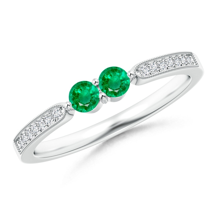 3mm AAA Vintage Inspired Two Stone Emerald Ring with Diamonds in White Gold