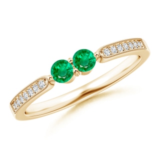3mm AAA Vintage Inspired Two Stone Emerald Ring with Diamonds in Yellow Gold
