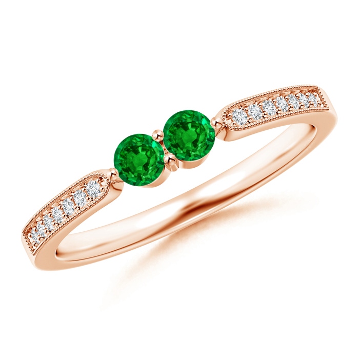 3mm AAAA Vintage Inspired Two Stone Emerald Ring with Diamonds in Rose Gold