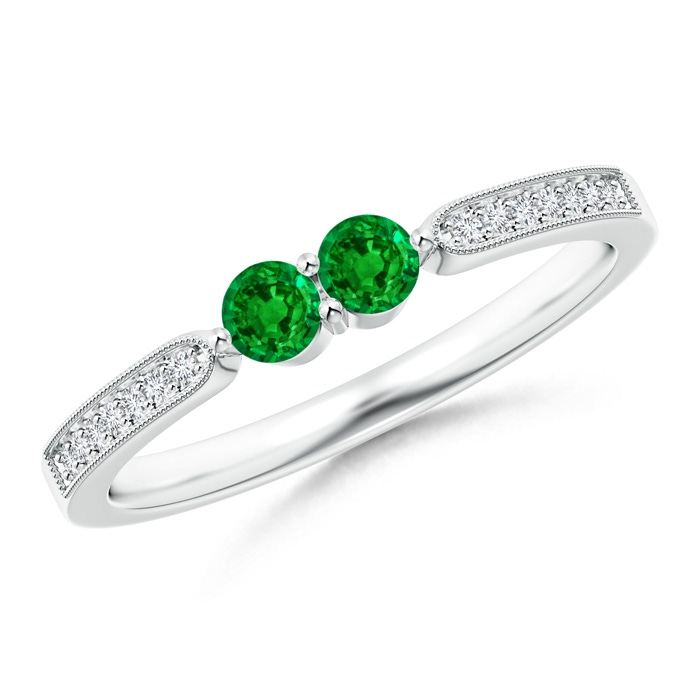 3mm AAAA Vintage Inspired Two Stone Emerald Ring with Diamonds in White Gold 