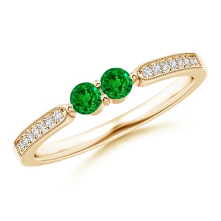 3mm AAAA Vintage Inspired Two Stone Emerald Ring with Diamonds in Yellow Gold