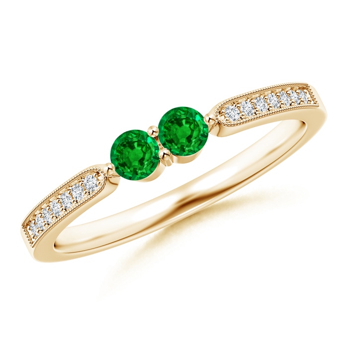 3mm AAAA Vintage Inspired Two Stone Emerald Ring with Diamonds in Yellow Gold 