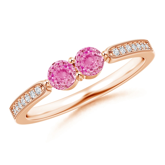 3.7mm AA Vintage Inspired Two Stone Pink Sapphire Ring with Diamonds in Rose Gold 