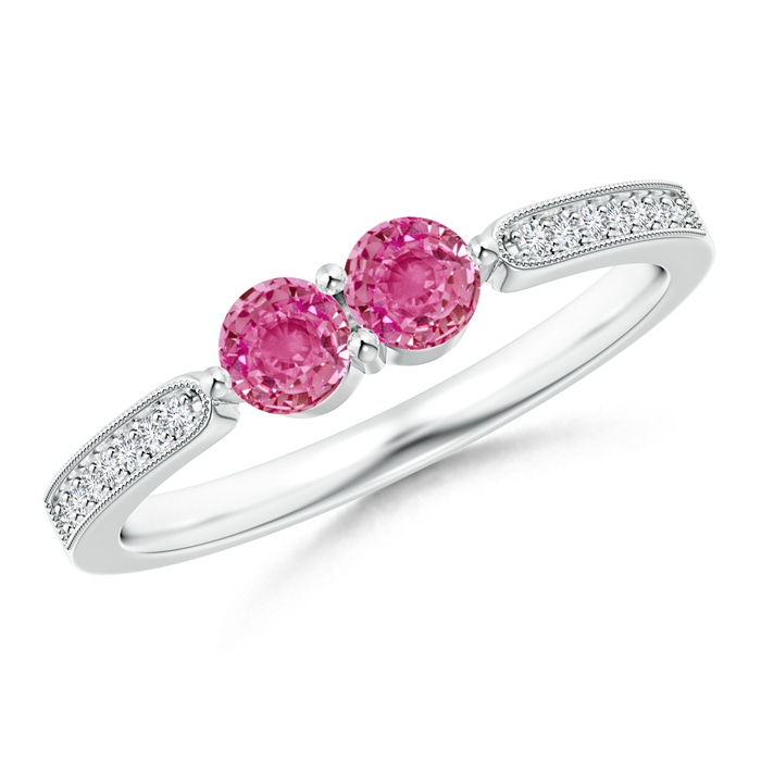 3.7mm AAA Vintage Inspired Two Stone Pink Sapphire Ring with Diamonds in White Gold 