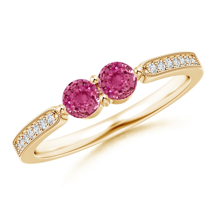 3.7mm AAAA Vintage Inspired Two Stone Pink Sapphire Ring with Diamonds in Yellow Gold