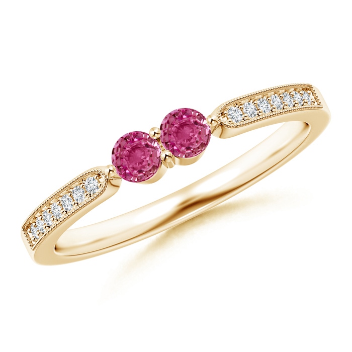 3mm AAAA Vintage Inspired Two Stone Pink Sapphire Ring with Diamonds in Yellow Gold