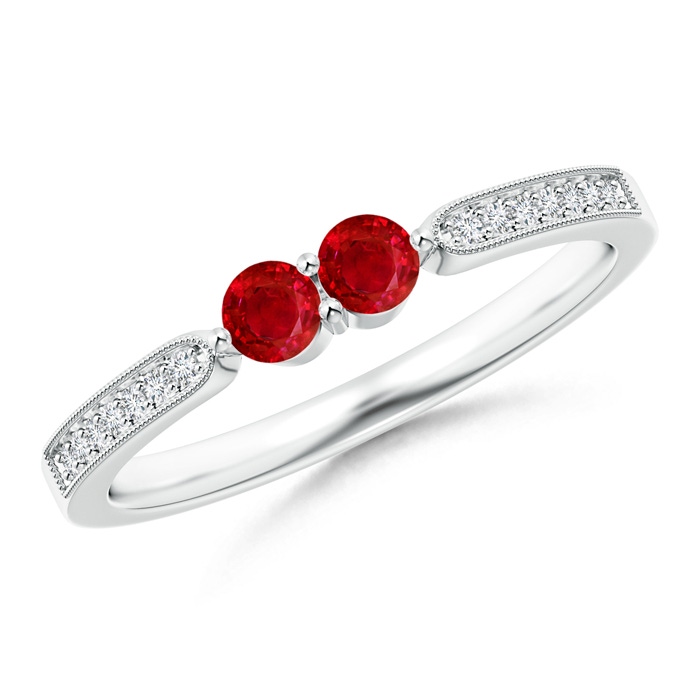 3mm AAA Vintage Inspired Two Stone Ruby Ring with Diamonds in White Gold