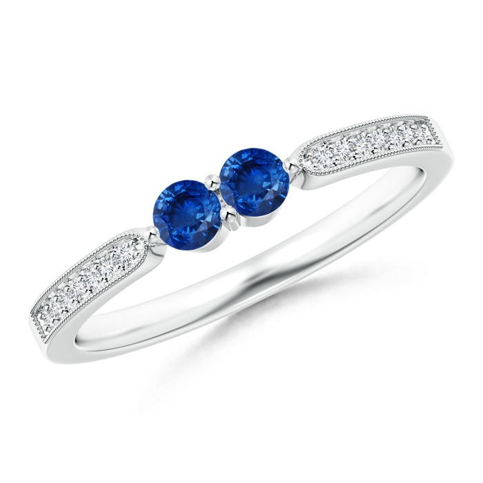 3mm AAA Vintage Inspired Two Stone Blue Sapphire Ring with Diamonds in White Gold 