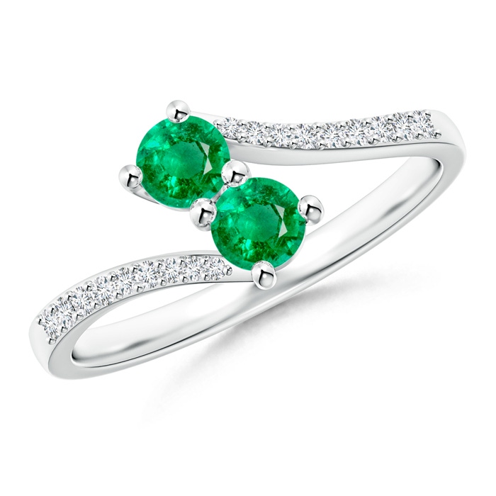 3.7mm AAA Two Stone Emerald Bypass Ring with Diamond Accents in White Gold