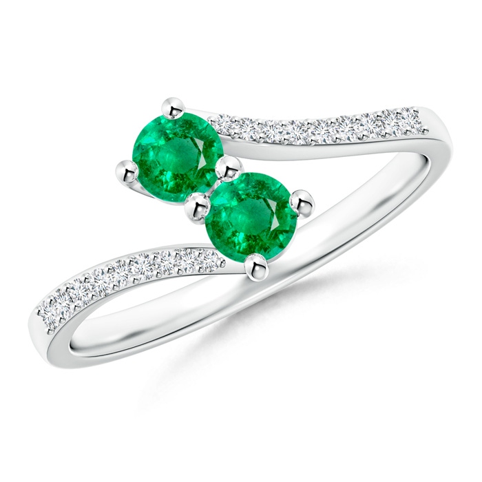 3.7mm AAA Two Stone Emerald Bypass Ring with Diamond Accents in White Gold 