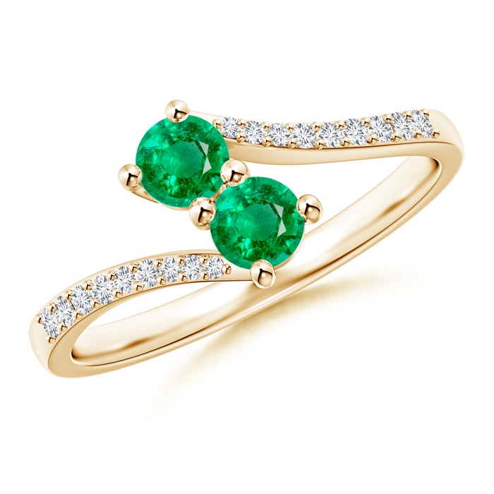 3.7mm AAA Two Stone Emerald Bypass Ring with Diamond Accents in Yellow Gold 