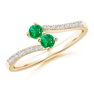 3mm AAA Two Stone Emerald Bypass Ring with Diamond Accents in Yellow Gold