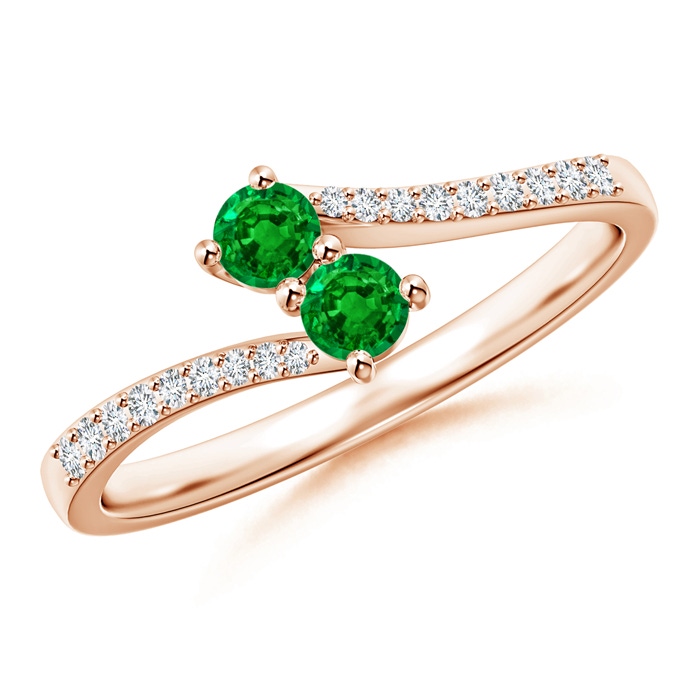 3mm AAAA Two Stone Emerald Bypass Ring with Diamond Accents in Rose Gold