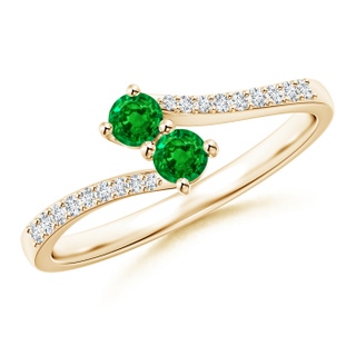 3mm AAAA Two Stone Emerald Bypass Ring with Diamond Accents in Yellow Gold