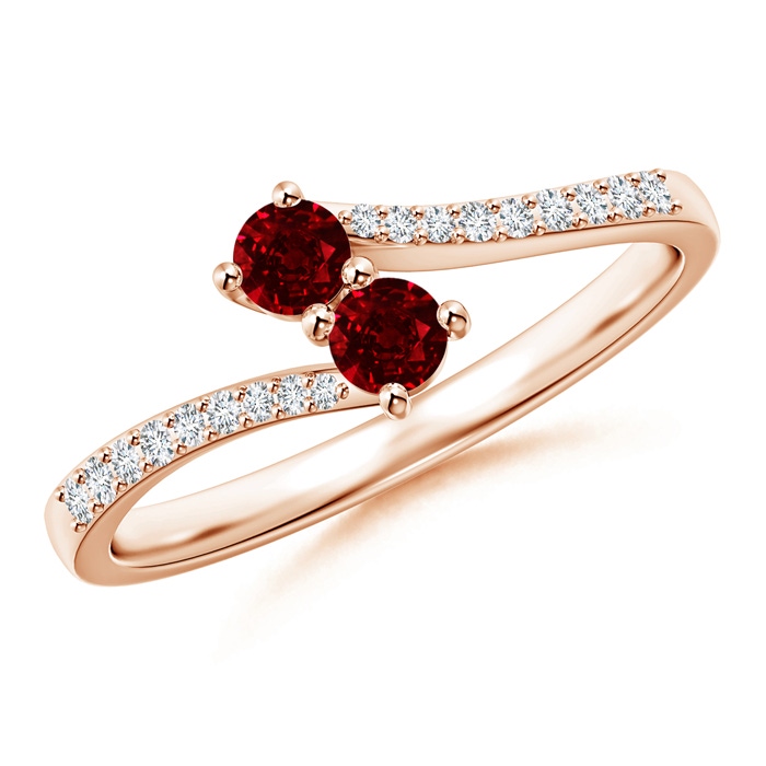 3mm AAAA Two Stone Ruby Bypass Ring with Diamond Accents in Rose Gold