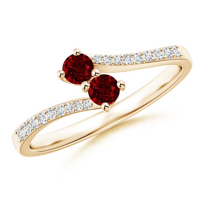 3mm AAAA Two Stone Ruby Bypass Ring with Diamond Accents in Yellow Gold