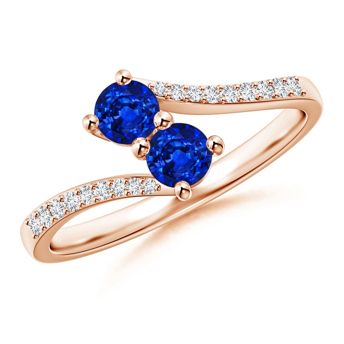 3.7mm AAAA Two Stone Blue Sapphire Bypass Ring with Diamond Accents in Rose Gold 