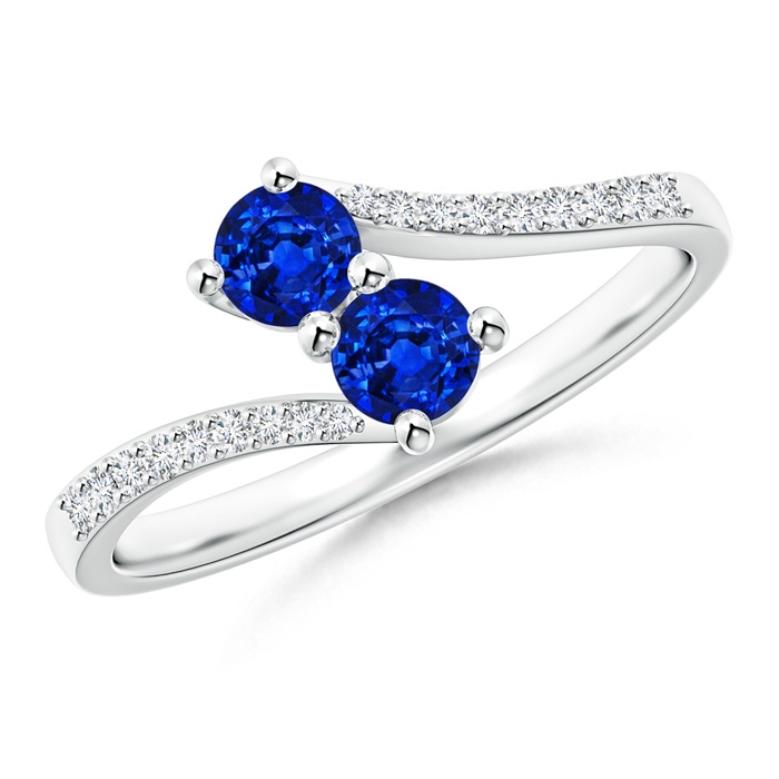 3.7mm AAAA Two Stone Blue Sapphire Bypass Ring with Diamond Accents in White Gold