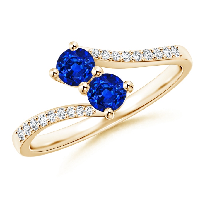 3.7mm AAAA Two Stone Blue Sapphire Bypass Ring with Diamond Accents in Yellow Gold 