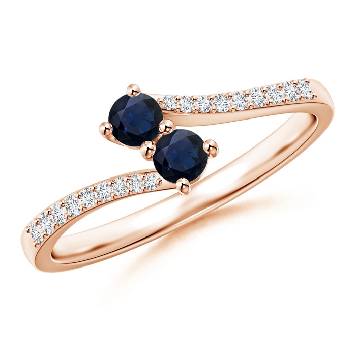 3mm A Two Stone Blue Sapphire Bypass Ring with Diamond Accents in Rose Gold 