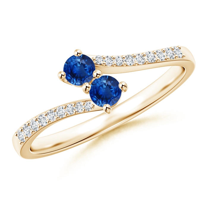 3mm AAA Two Stone Blue Sapphire Bypass Ring with Diamond Accents in Yellow Gold 