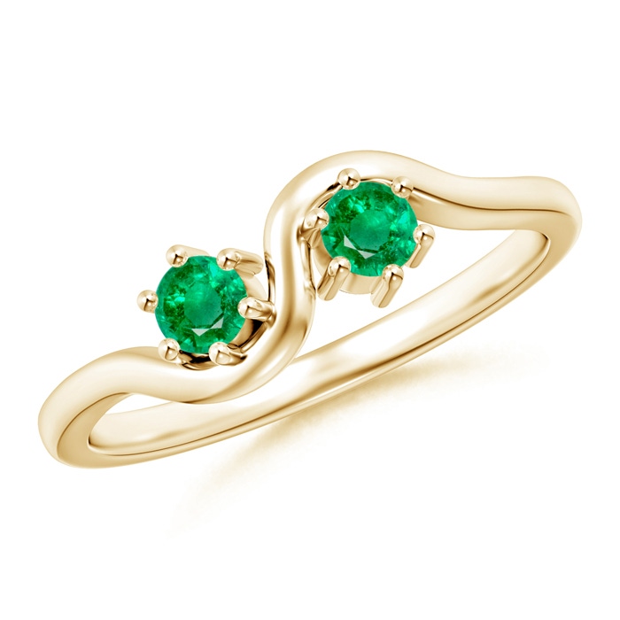 3.2mm AAA Round Two Stone Twist Emerald Ring in Yellow Gold 