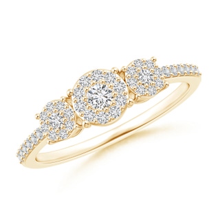 2.6mm HSI2 Round Diamond Three Stone Halo Engagement Ring in Yellow Gold