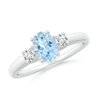 7x5mm AAA Oval Aquamarine and Round Diamond Three Stone Ring in P950 Platinum