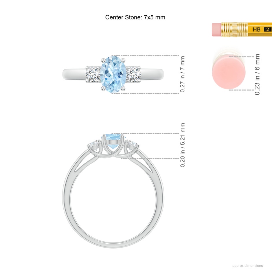 7x5mm AAA Oval Aquamarine and Round Diamond Three Stone Ring in White Gold ruler