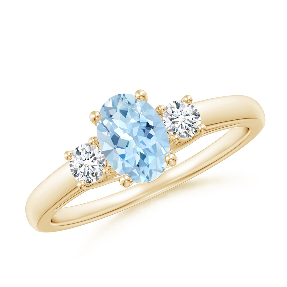7x5mm AAA Oval Aquamarine and Round Diamond Three Stone Ring in Yellow Gold 