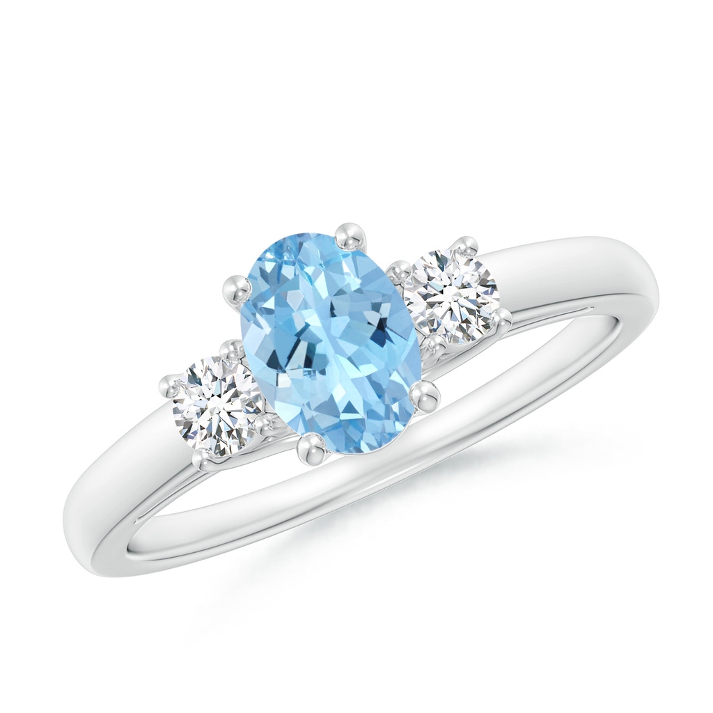 7x5mm AAAA Oval Aquamarine and Round Diamond Three Stone Ring in White Gold