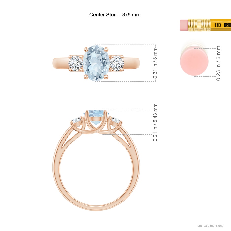 8x6mm A Oval Aquamarine and Round Diamond Three Stone Ring in Rose Gold ruler